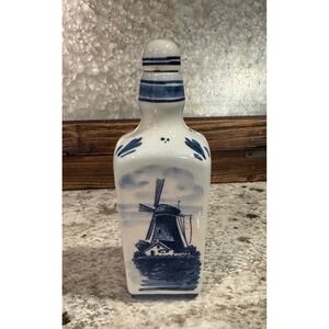 Delft Blue Ceramic Decanter Windmill Floral Square Bottle with Stopper Dutch